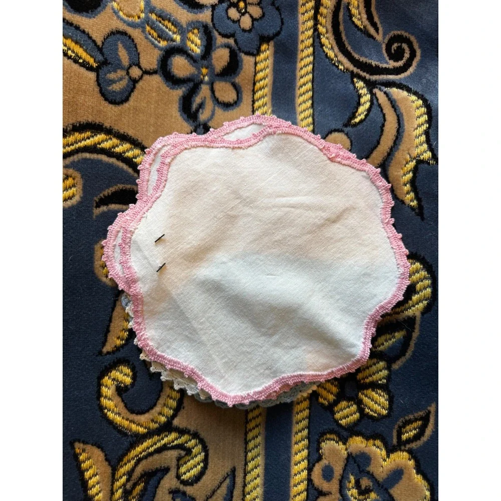 Vintage Linen Doilies Crochet Lace Edging Pastel Pink Blue Cream Set Cottagecore